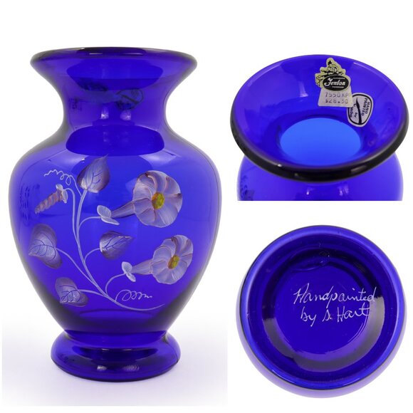 Fenton Blue Cobalt Morning Glory Vase Hand Painted Artist Signed S Hart 6.5" - Picture 1 of 9